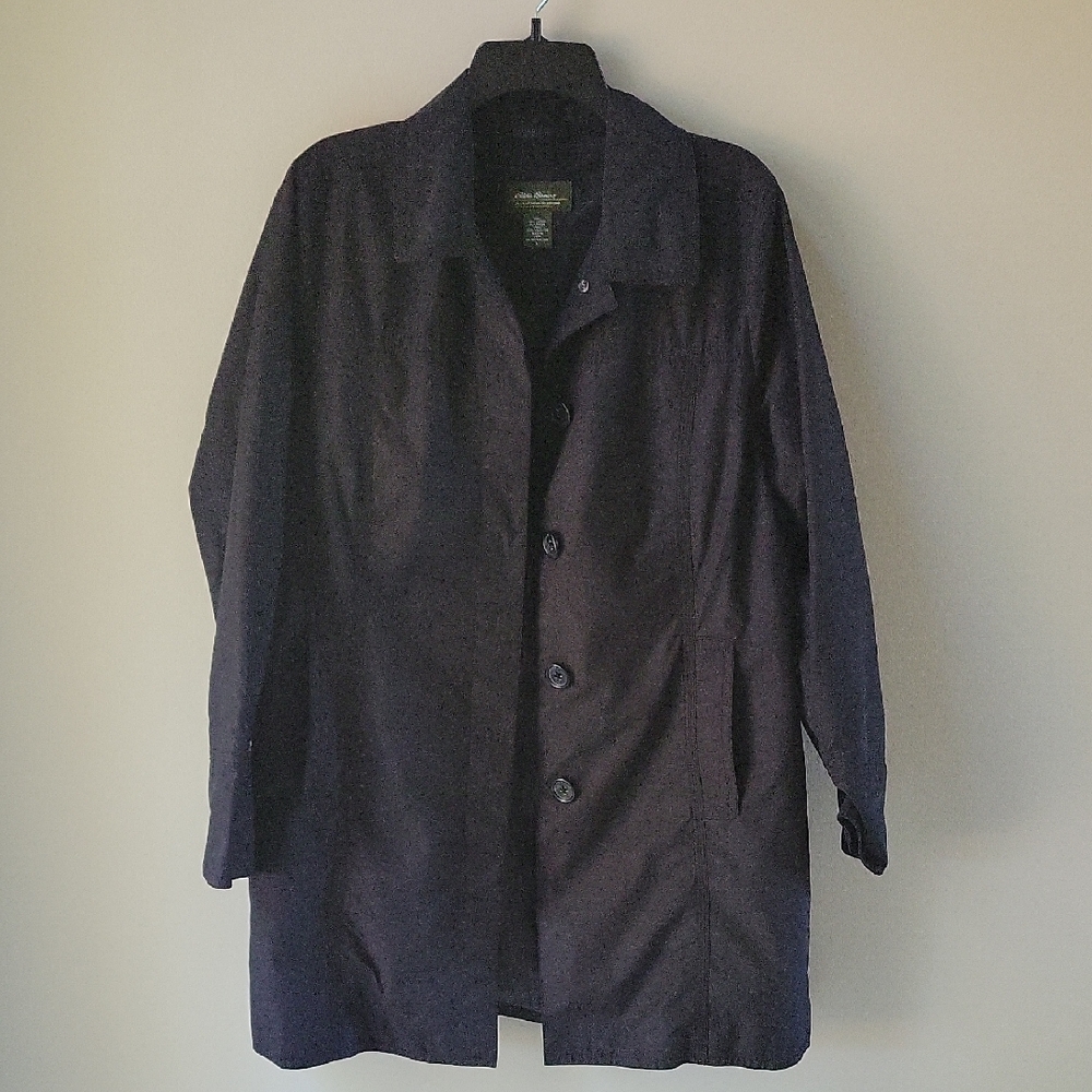 Eddie Bauer Rain Coat Black Trench Coat Womens Size Large‎ Buttons Waterproof
